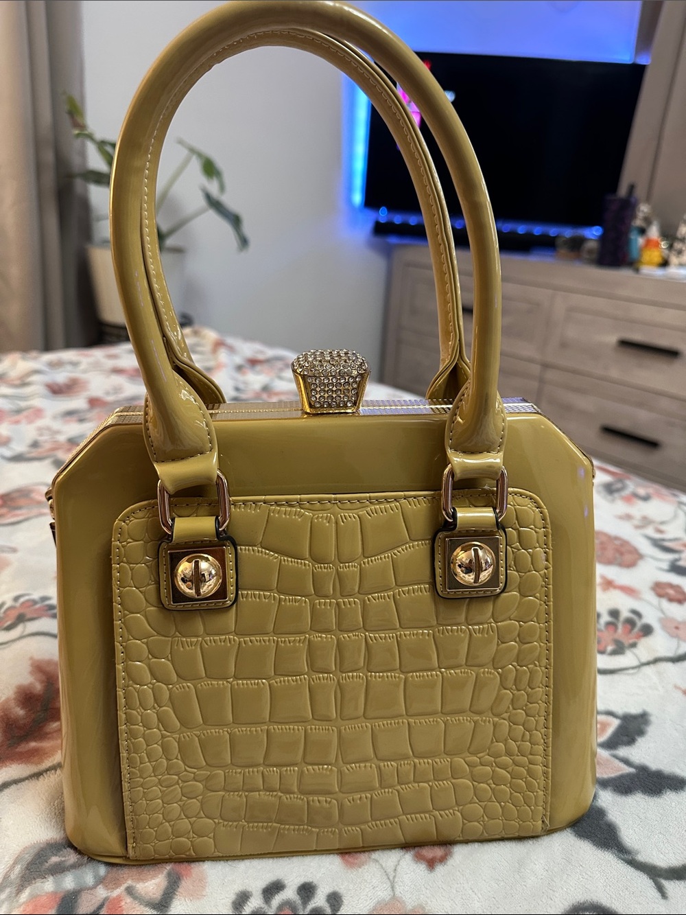 Patent Croc-Embossed Satchel Handbag - mustard yellow
